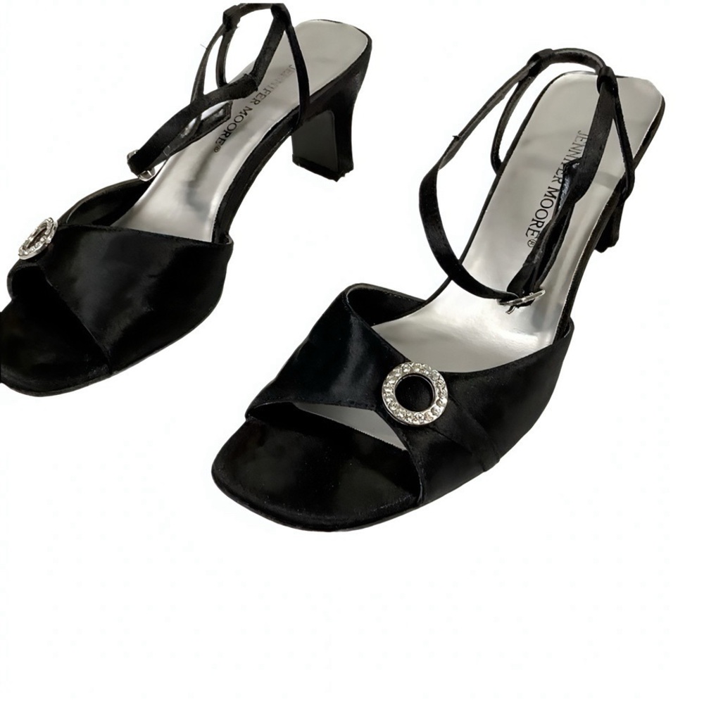Jennifer Moore Black Satin ankle strap heels with rhinestone details Size 6.5